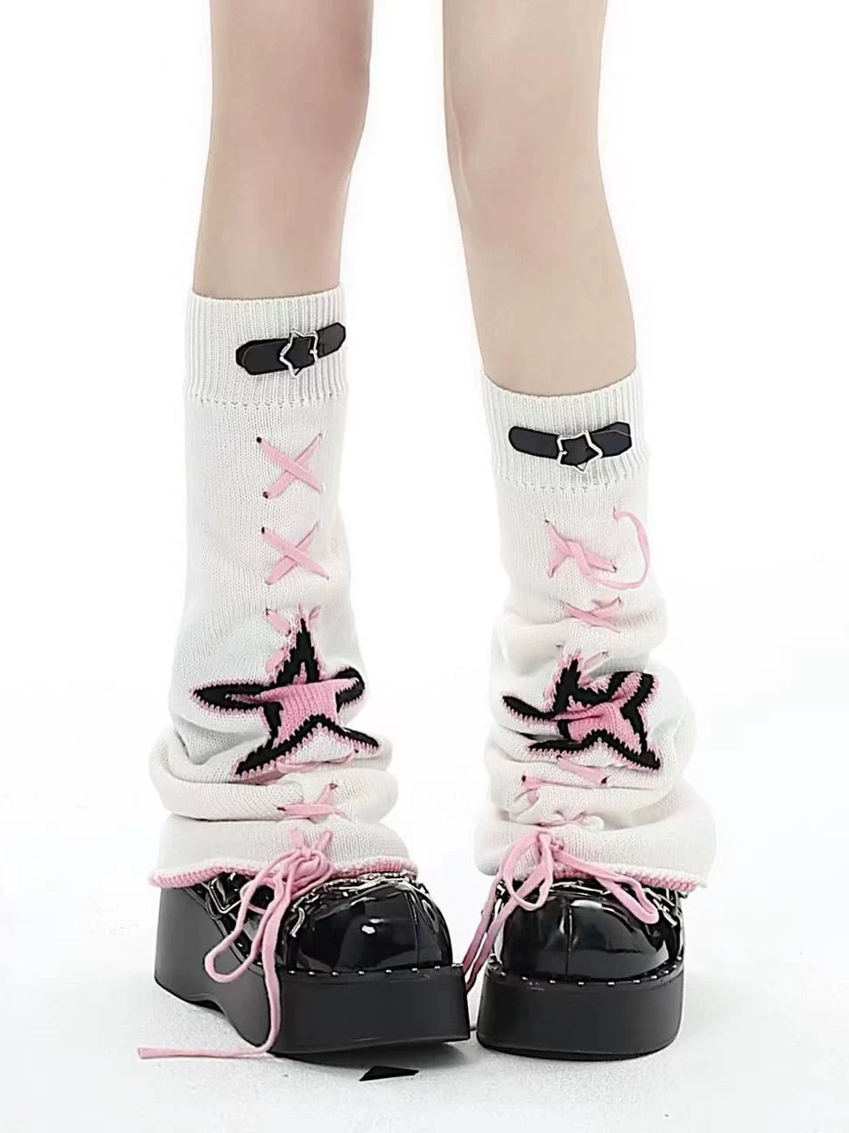 Crazy Girl Star Y2K Pink Black White Knit Leg Warmers - Image 2