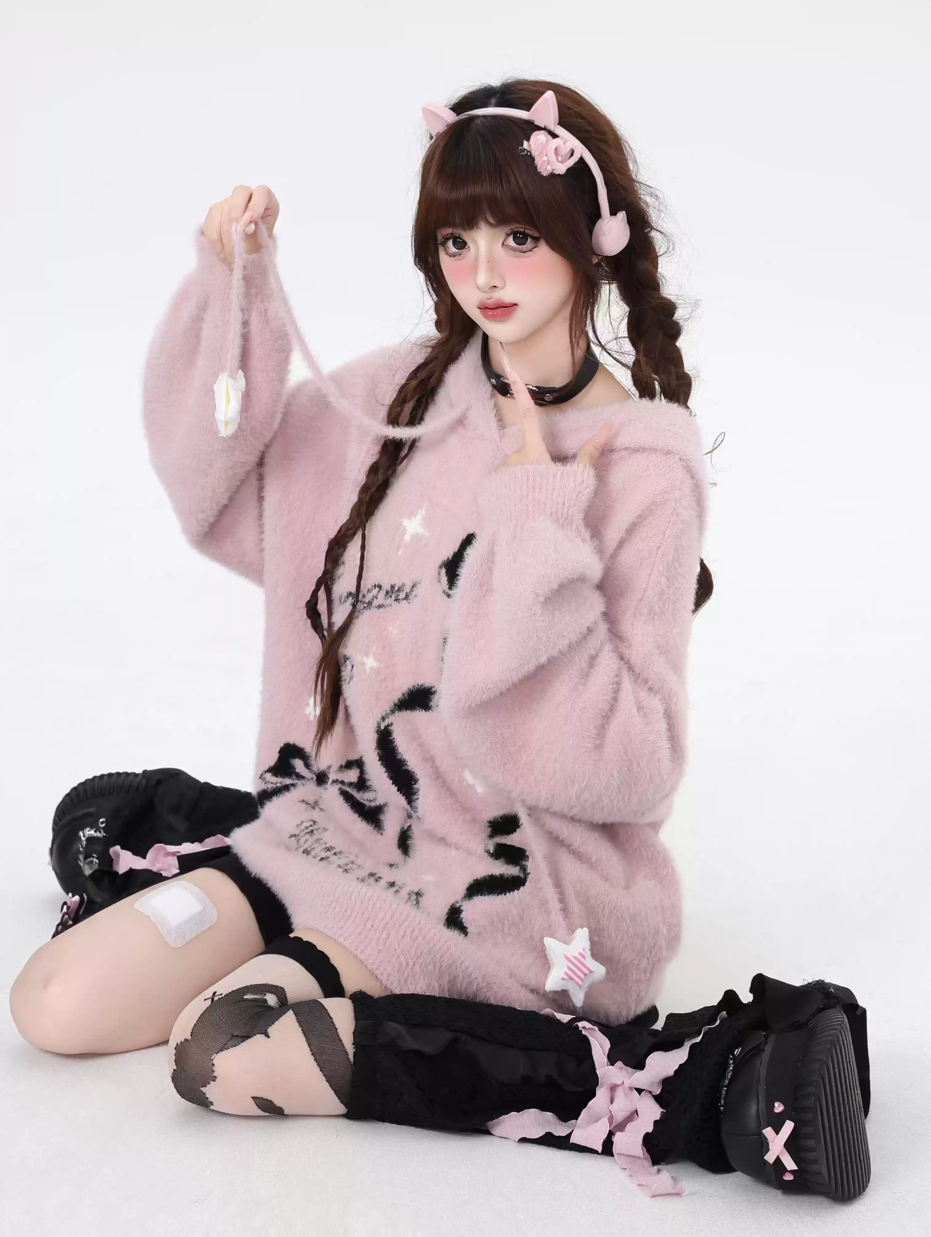 Crazy Girl Sticky Bow Black Pink Fuzzy Sweater Hoodie - Image 2