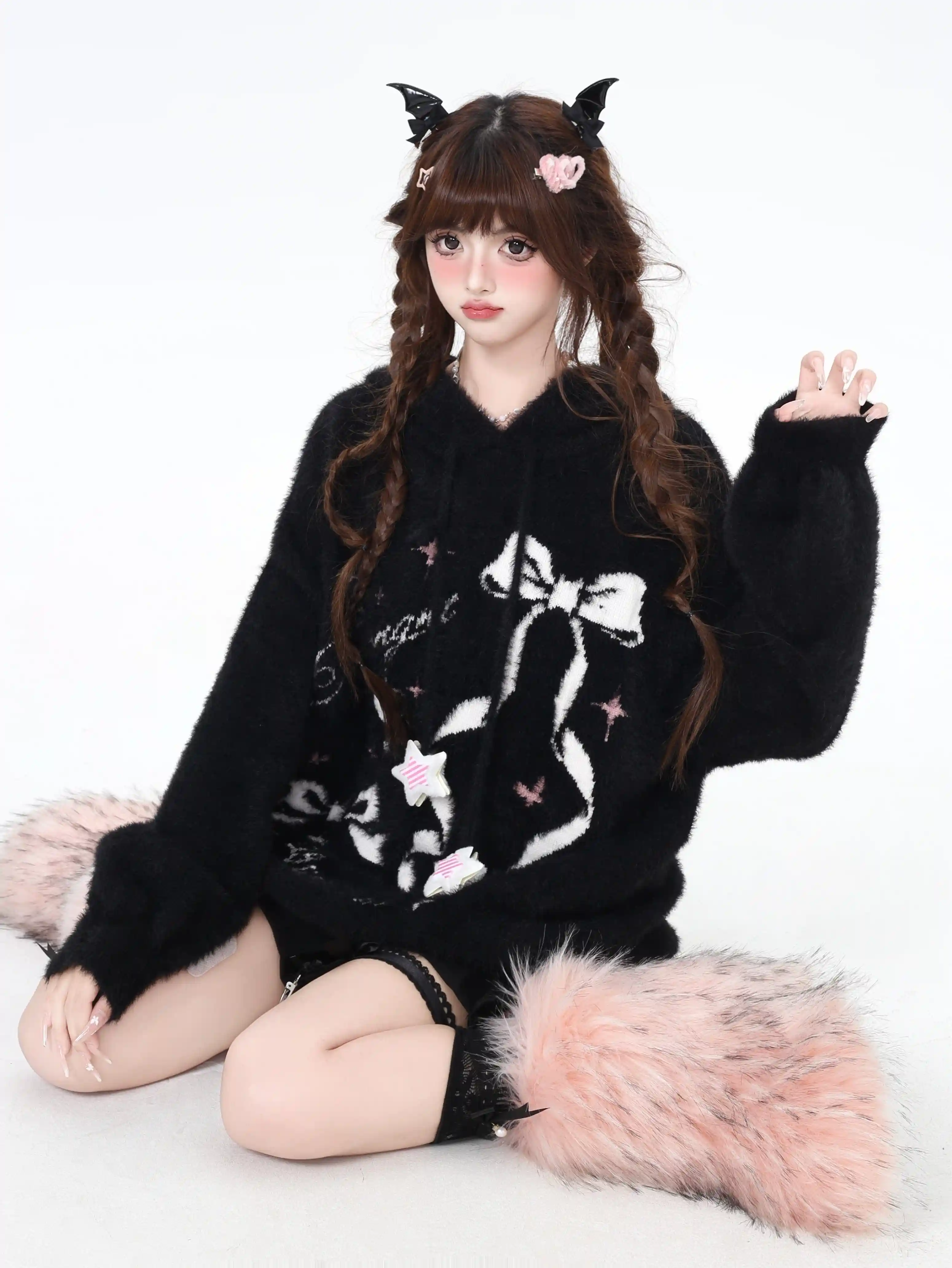 Crazy Girl Sticky Bow Black Pink Fuzzy Sweater Hoodie - Image 3