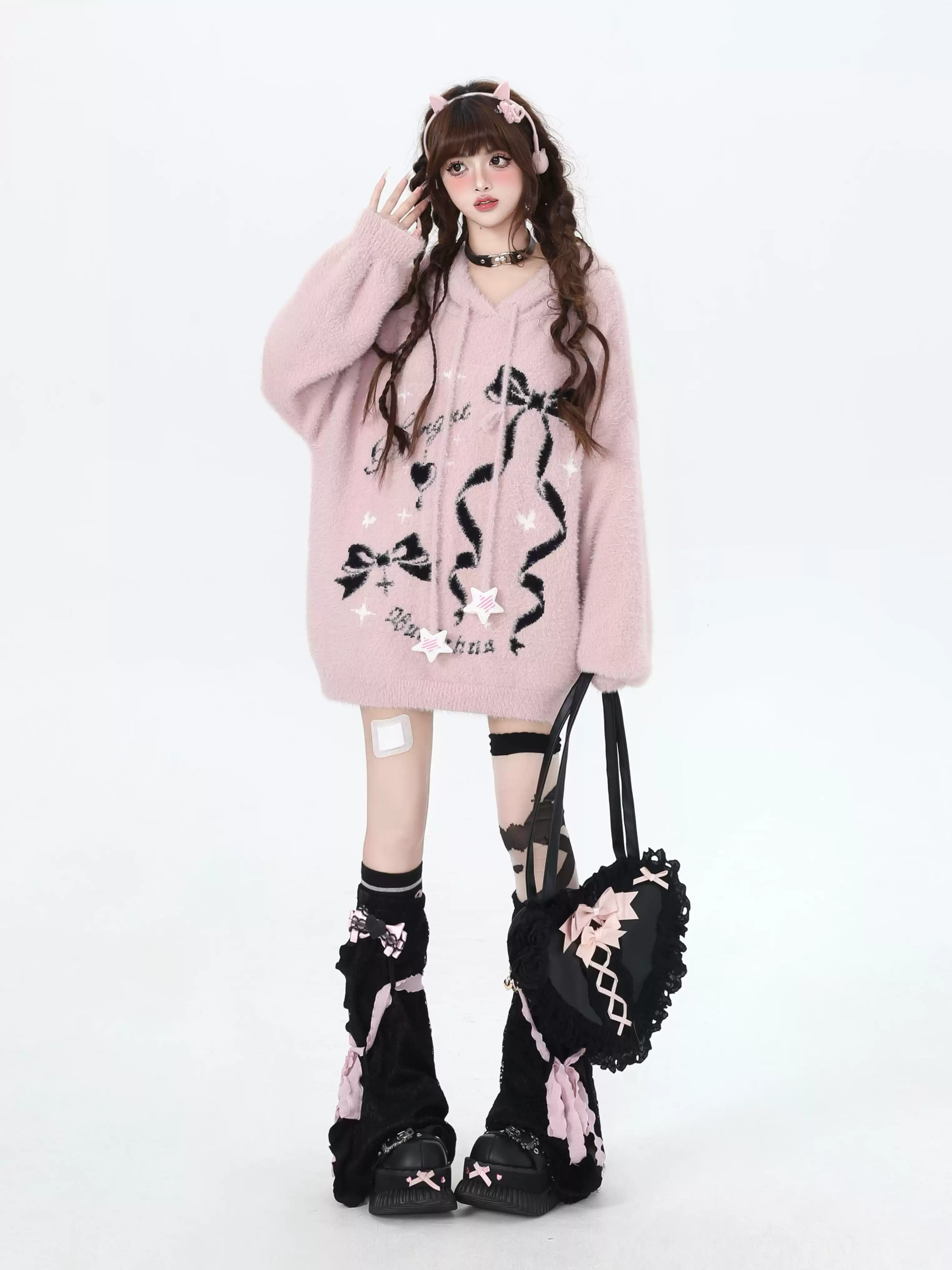 Crazy Girl Sticky Bow Black Pink Fuzzy Sweater Hoodie - Image 4