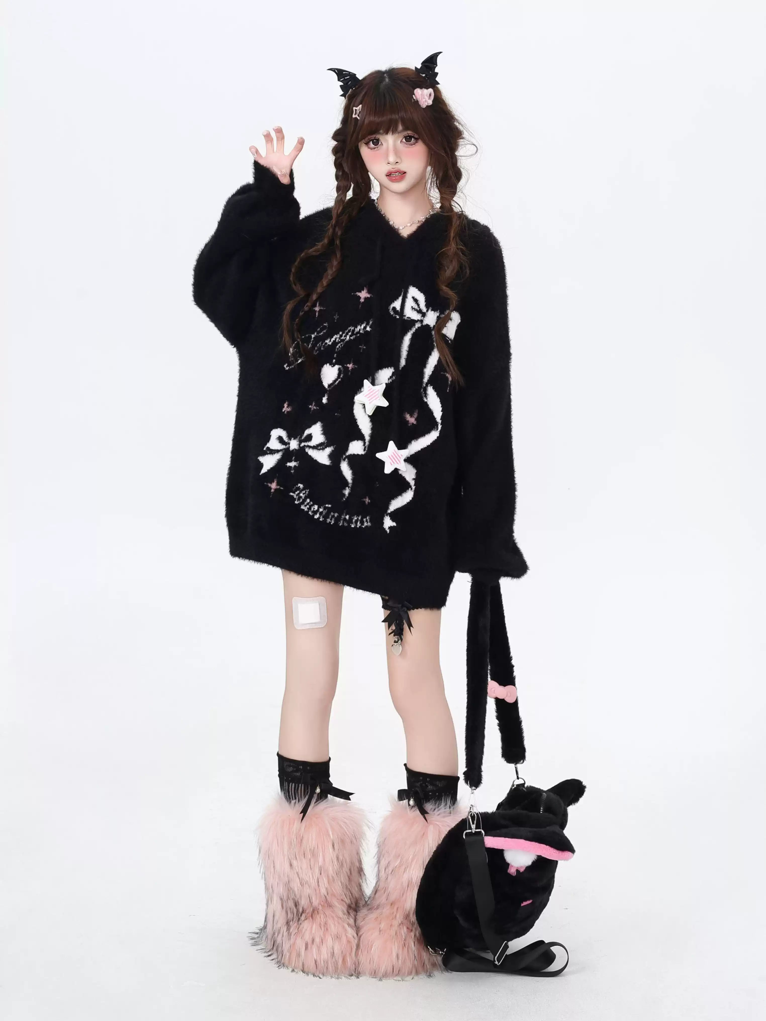 Crazy Girl Sticky Bow Black Pink Fuzzy Sweater Hoodie - Image 5