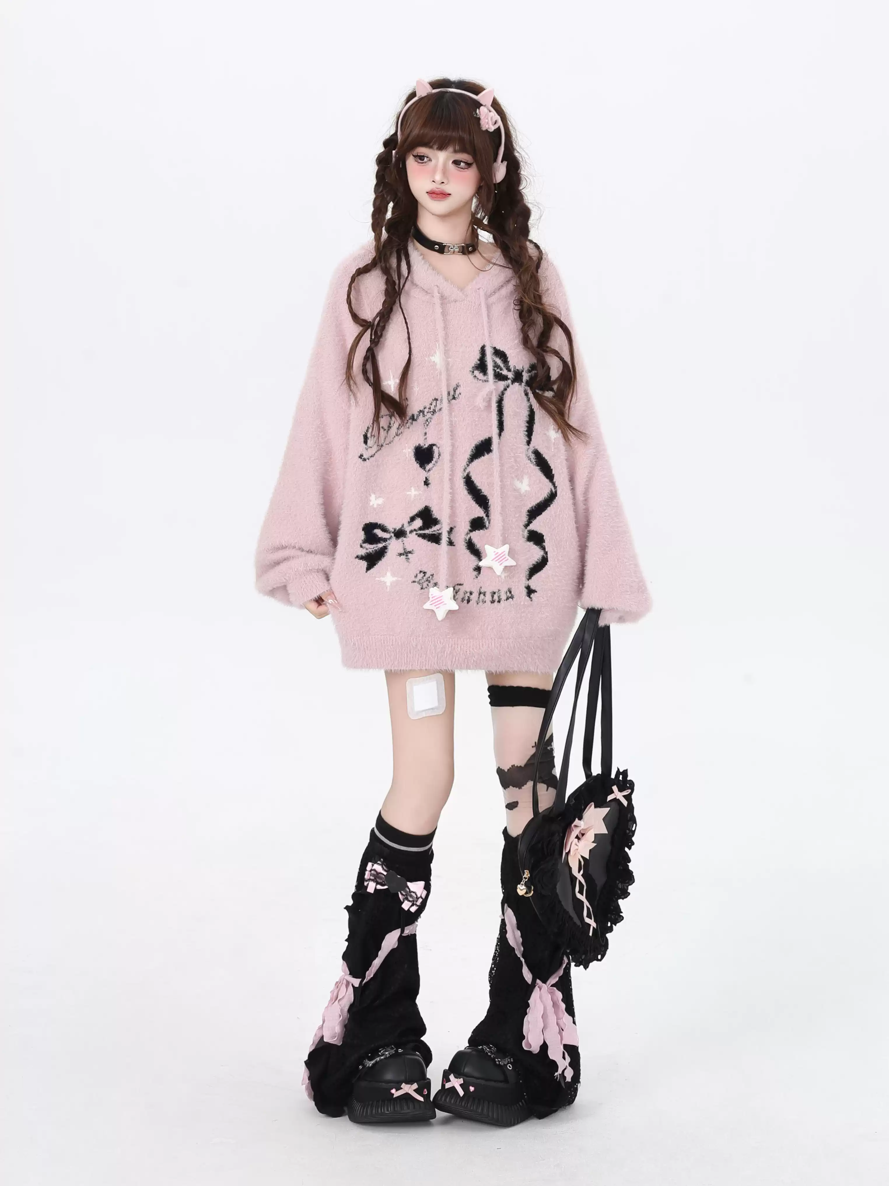 Crazy Girl Sticky Bow Black Pink Fuzzy Sweater Hoodie - Image 6