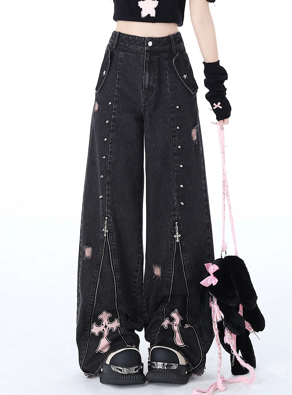 Crazy Girl Street Piecemeal Plan Pink Cross Black Gray Wide Leg Denim Jeans - Image 2
