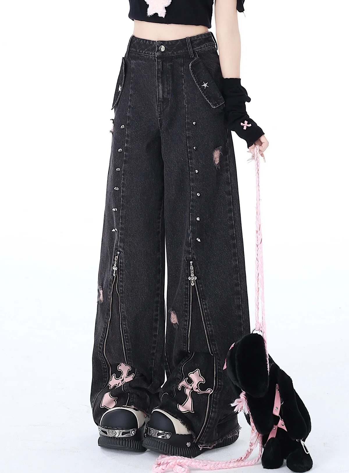 Crazy Girl Street Piecemeal Plan Pink Cross Black Gray Wide Leg Denim Jeans - Image 3