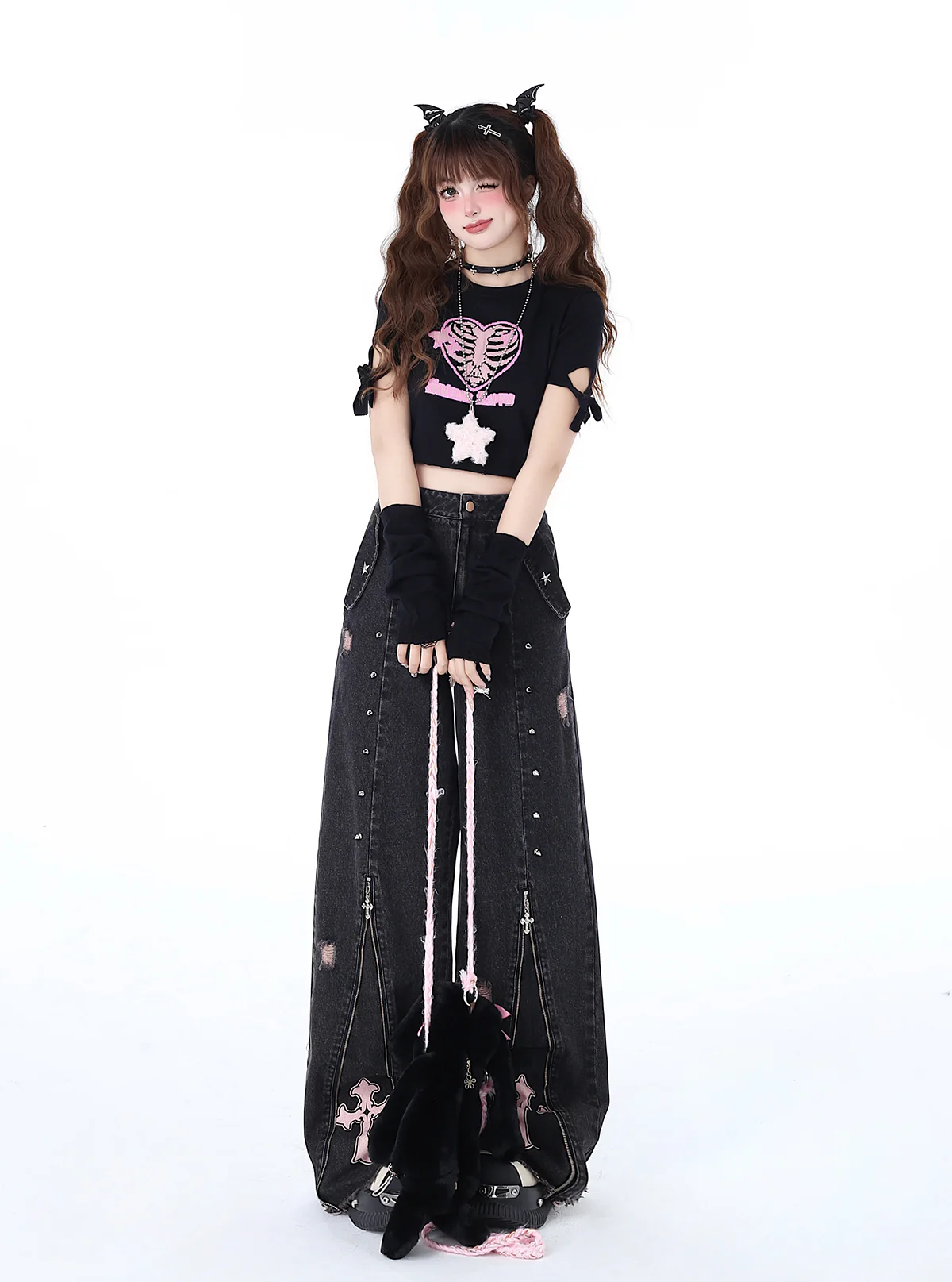Crazy Girl Street Piecemeal Plan Pink Cross Black Gray Wide Leg Denim Jeans - Image 5