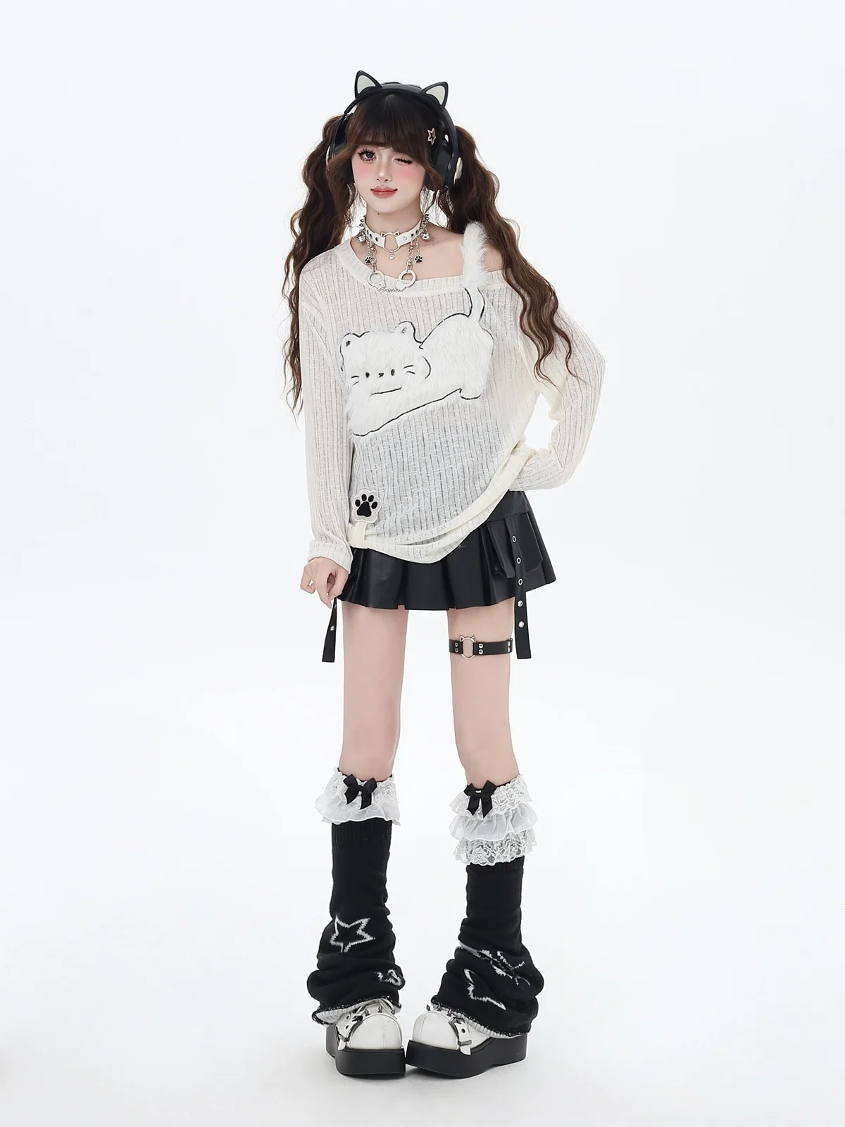 Crazy Girl Sweet White Cat Sheer Sweater Top - Image 4