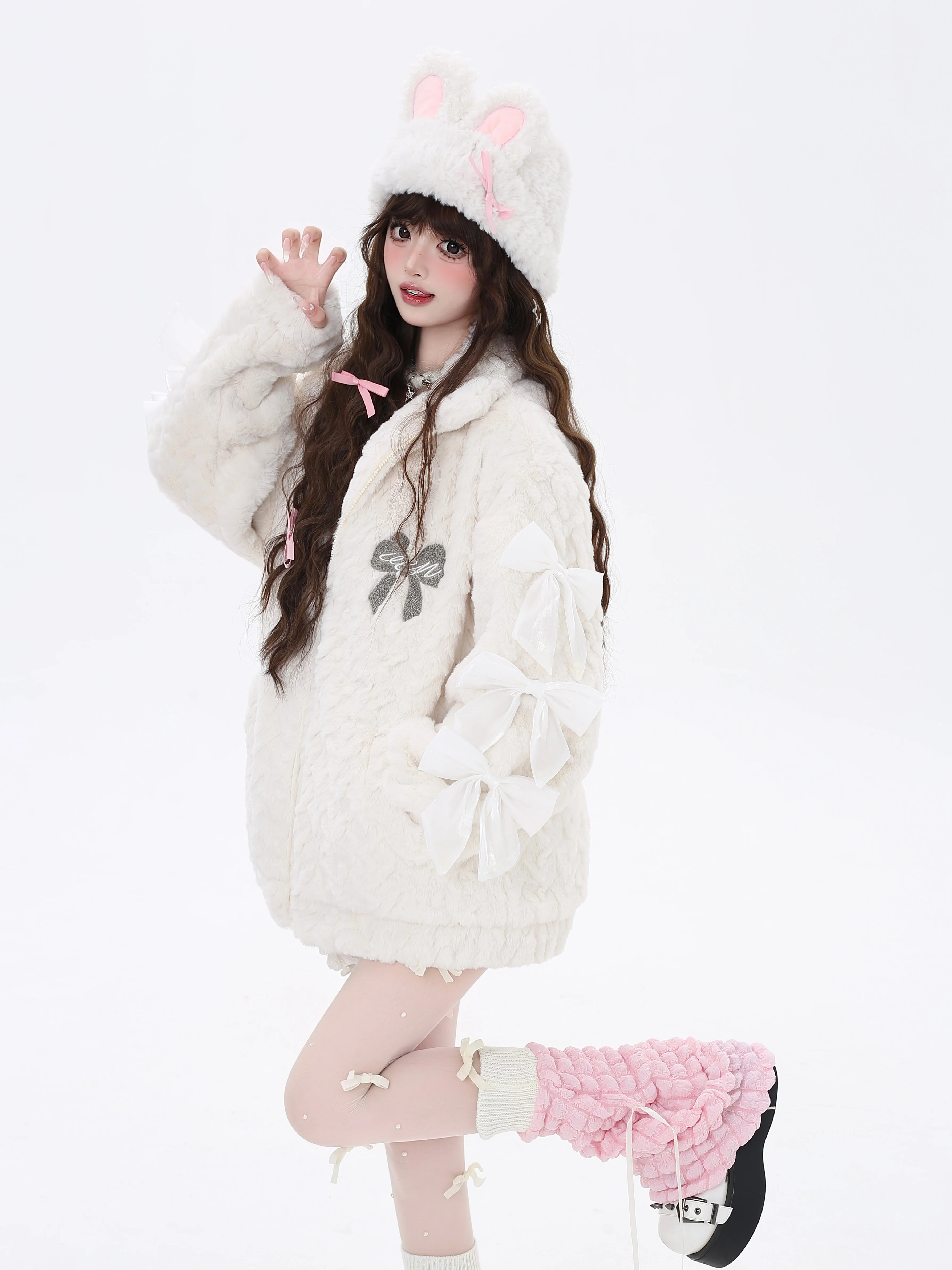 Crazy Girl Triples Bow Fleece Pink White Plush Jacket - Image 2