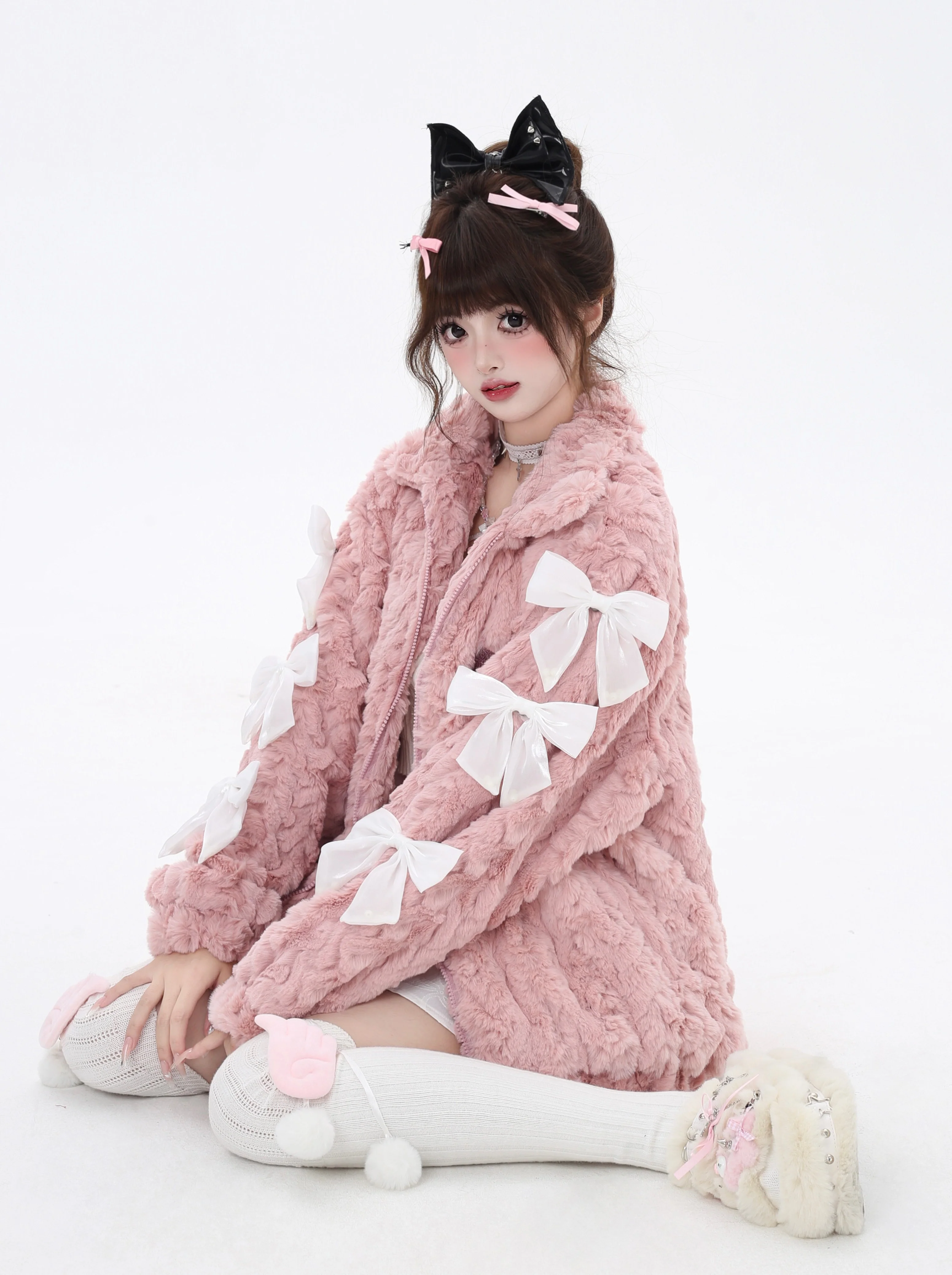 Crazy Girl Triples Bow Fleece Pink White Plush Jacket - Image 3