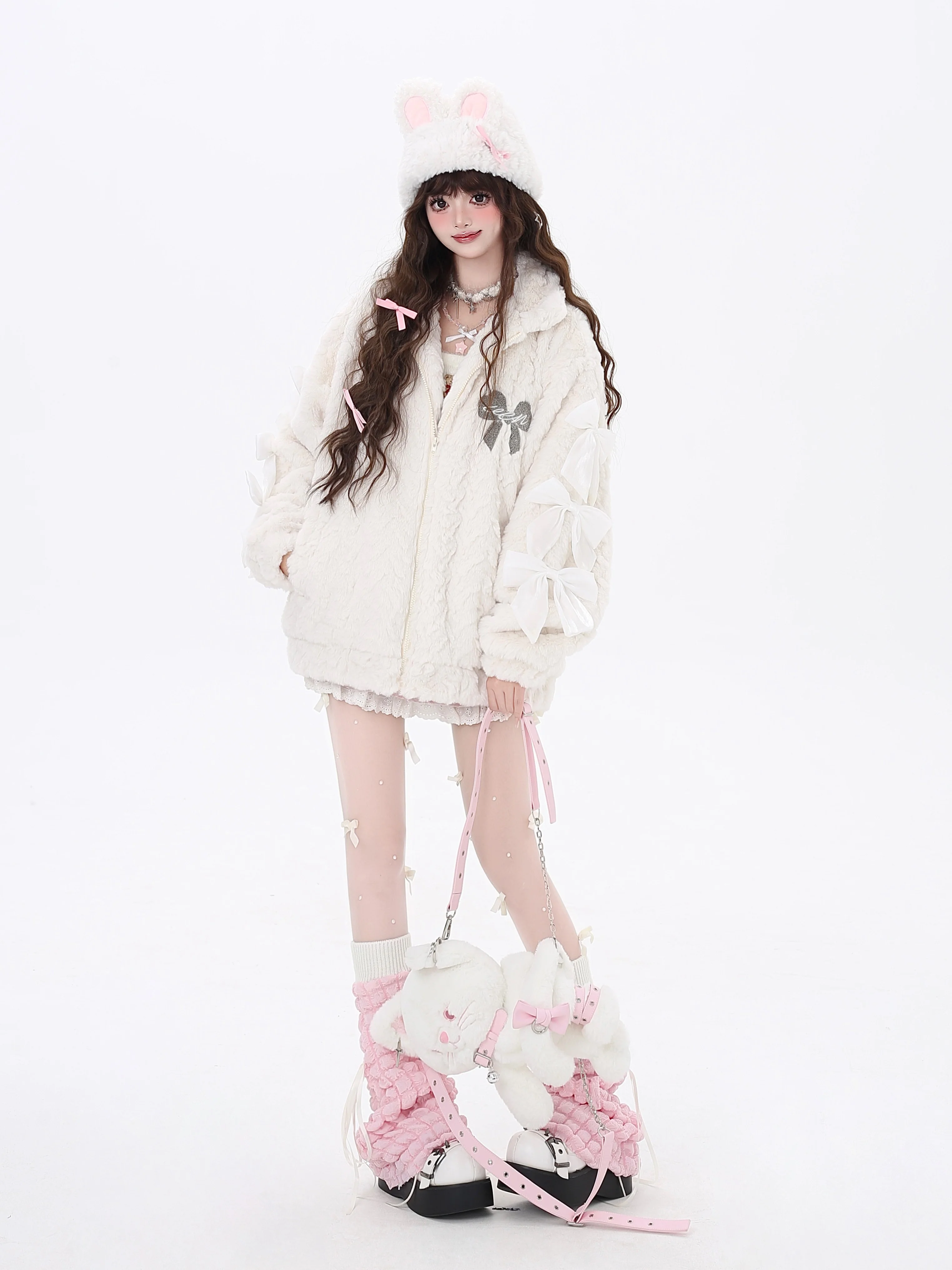 Crazy Girl Triples Bow Fleece Pink White Plush Jacket - Image 4