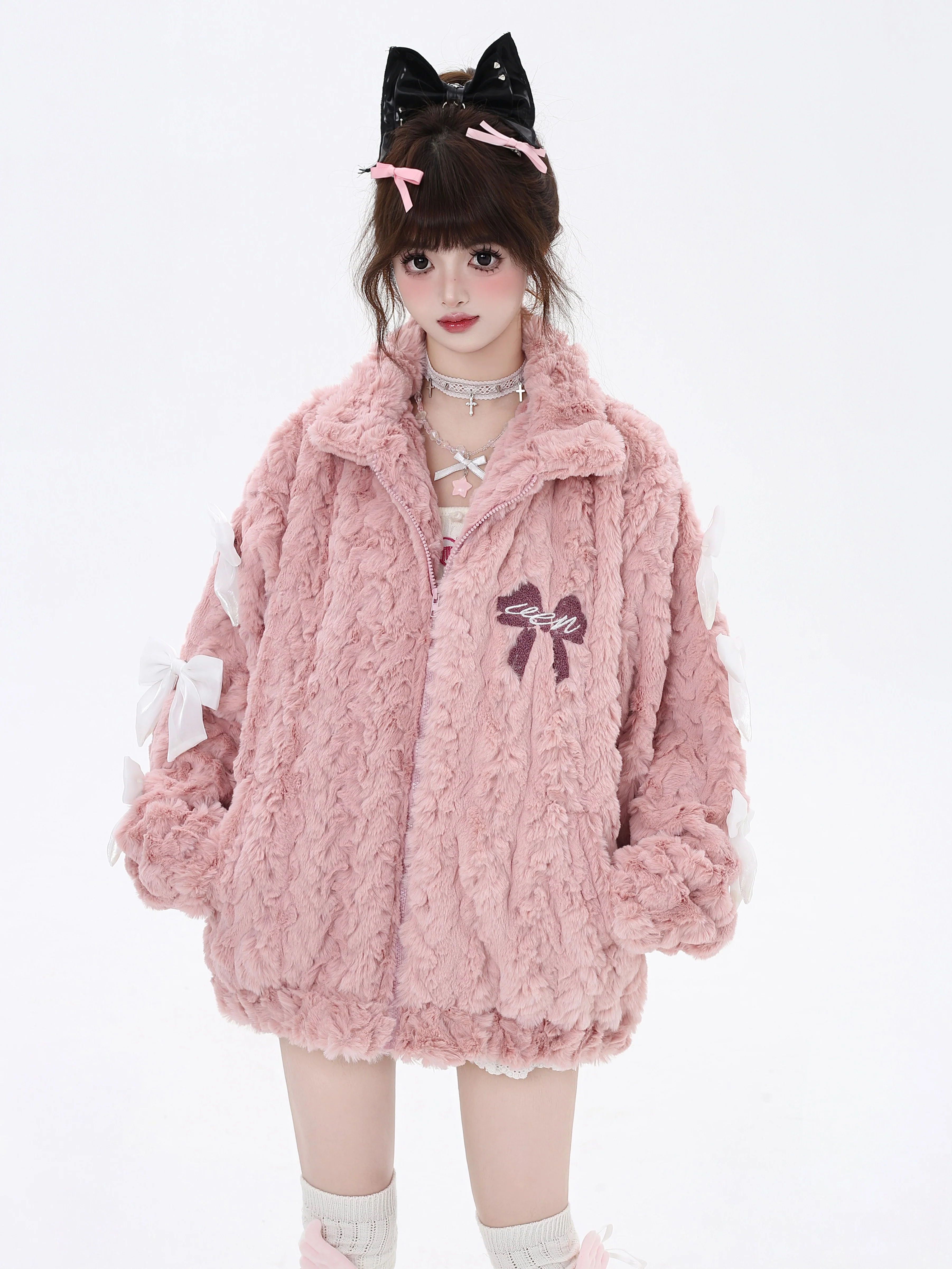 Crazy Girl Triples Bow Fleece Pink White Plush Jacket - Image 5