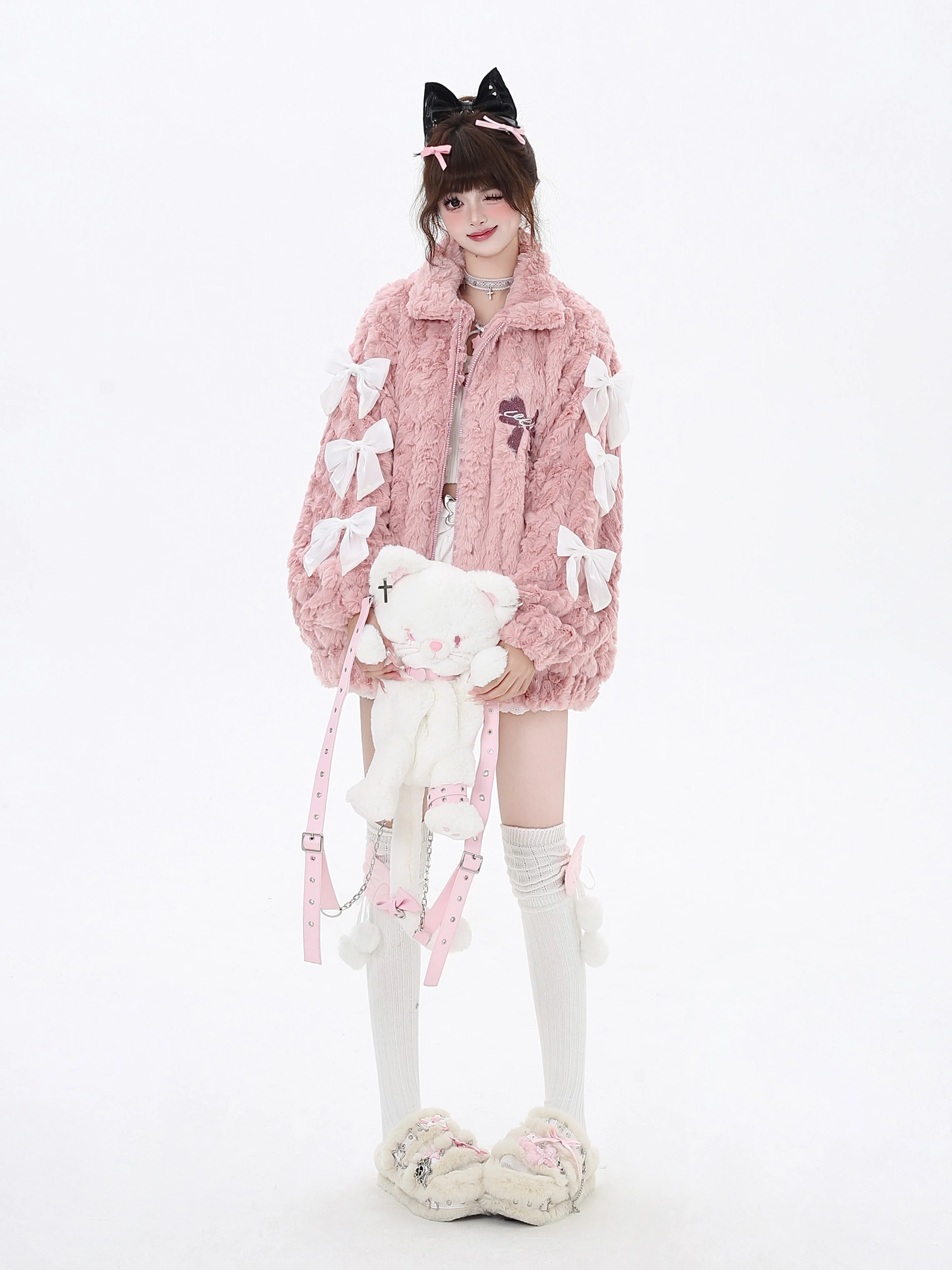 Crazy Girl Triples Bow Fleece Pink White Plush Jacket - Image 6