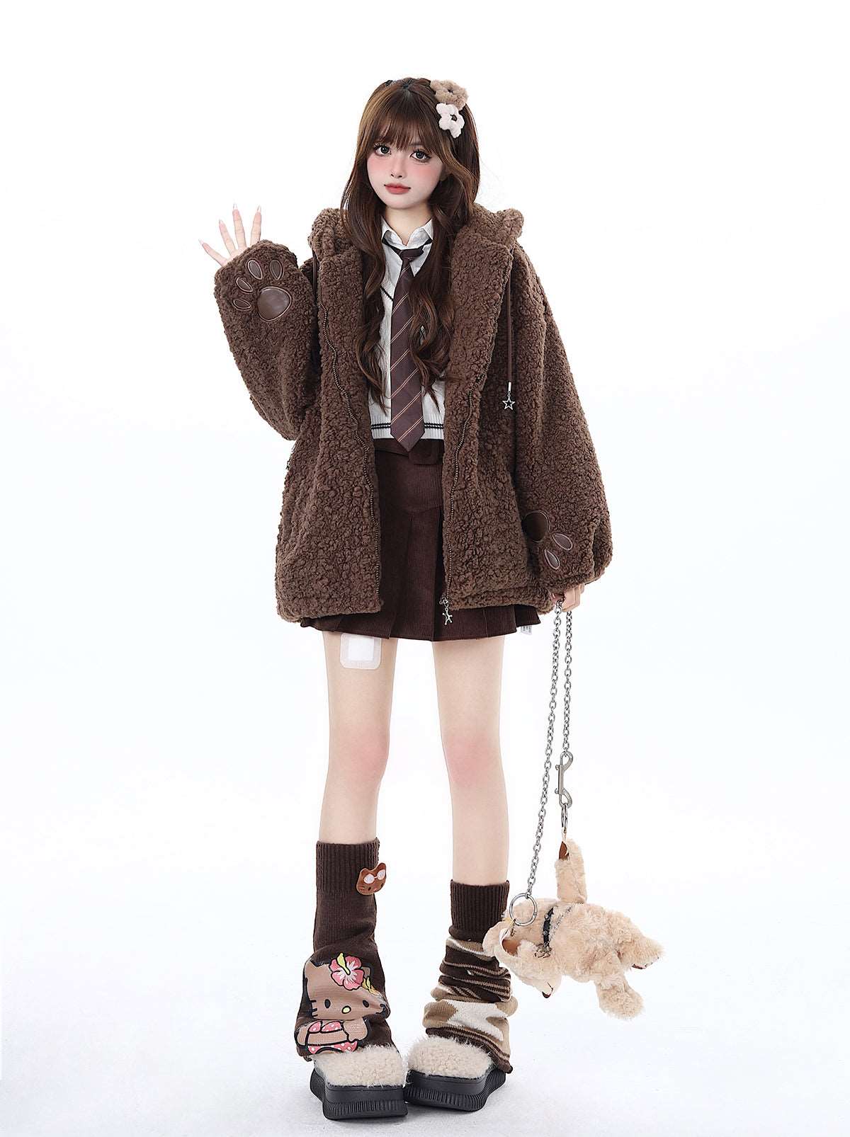 Crazy Girl Winter Bear Paws Hooded Plush Brown Jacket - Image 3