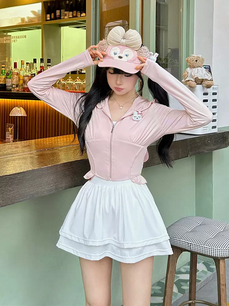 Cream Rabbit Ears UV Protection Pink Jacket & White Skirt Two Piece Set - Image 3