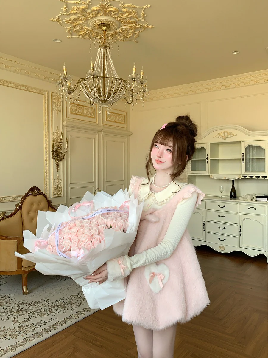 Creamy Cute Cuddly Bunny Pink Blue Sweater Dress Two Piece Set - Image 10
