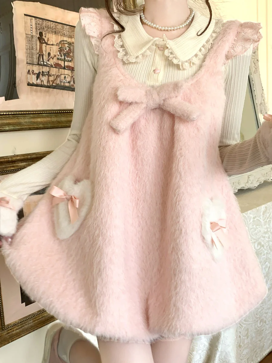 Creamy Cute Cuddly Bunny Pink Blue Sweater Dress Two Piece Set - Image 2