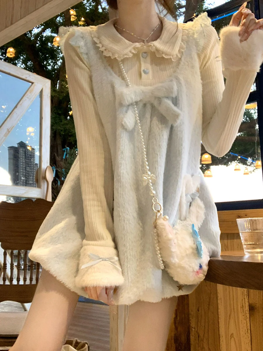 Creamy Cute Cuddly Bunny Pink Blue Sweater Dress Two Piece Set - Image 3