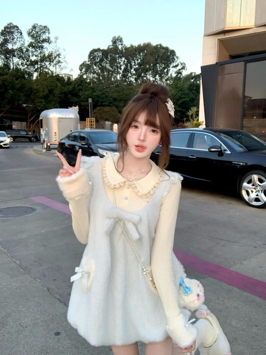 Creamy Cute Cuddly Bunny Pink Blue Sweater Dress Two Piece Set - Image 4