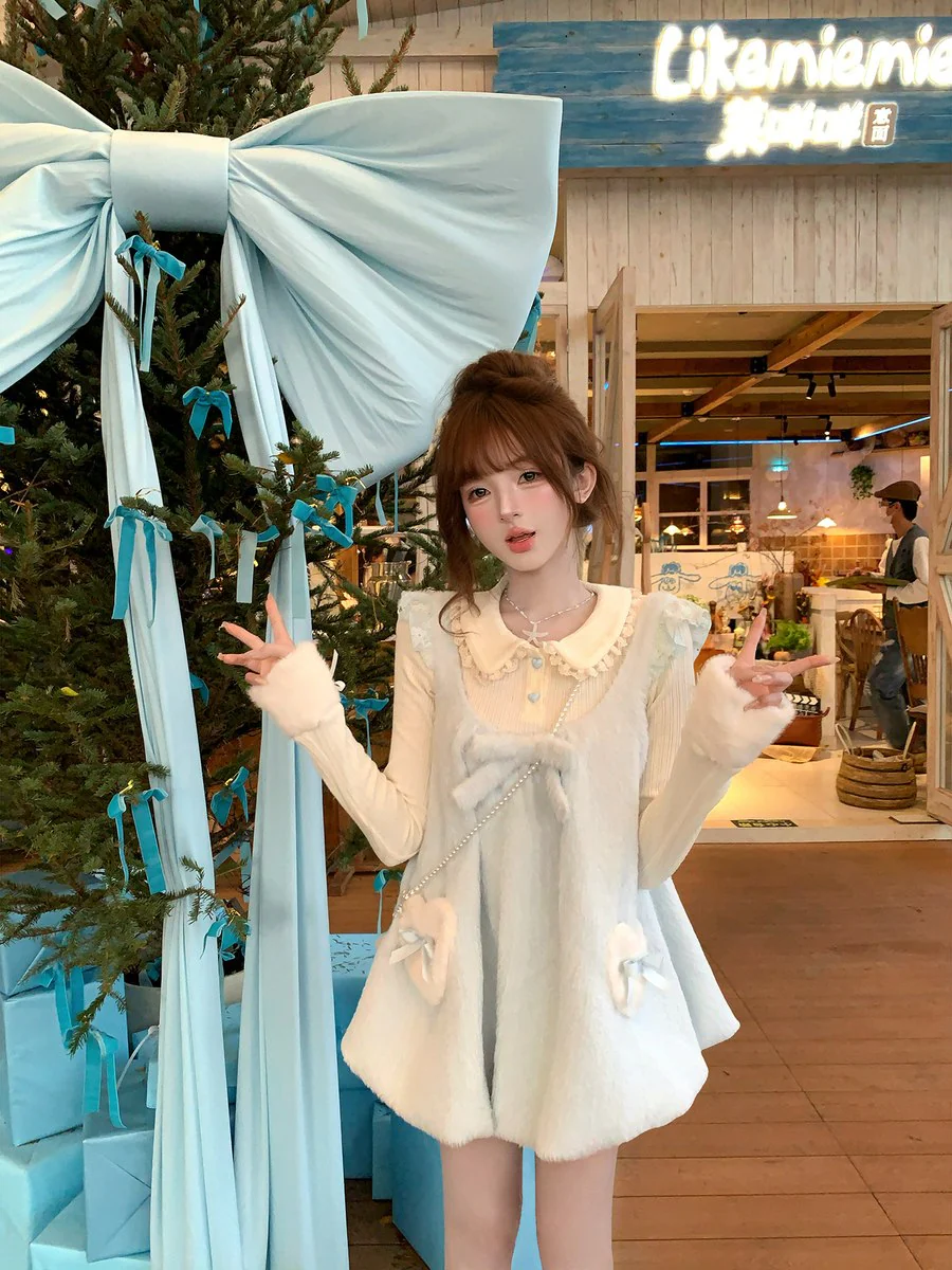 Creamy Cute Cuddly Bunny Pink Blue Sweater Dress Two Piece Set - Image 5