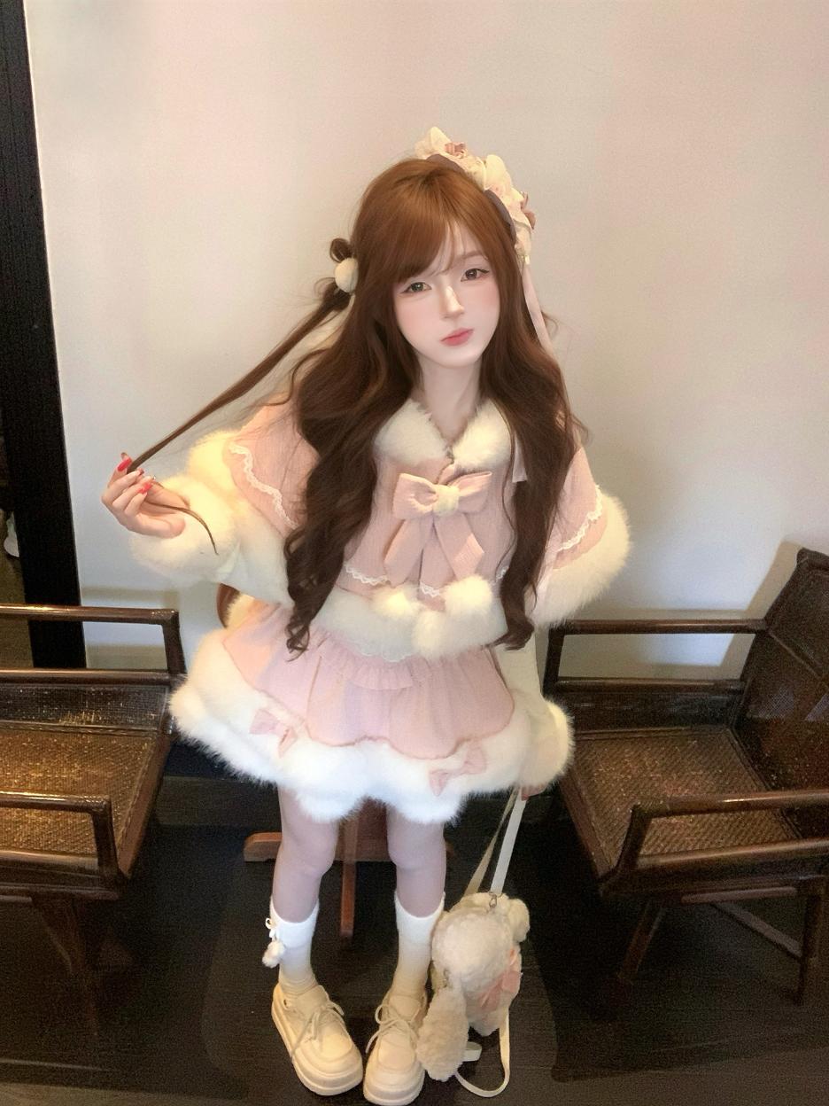 Creamy Cute Melo Rabbit Ears Cape Pink Blue Sweater Dress Three Piece Set - Image 5