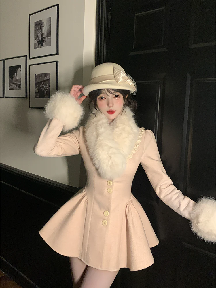 Creamy Cute Swan Love Pink Lady Fur Collar Overcoat - Image 3