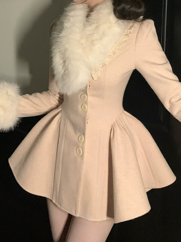 Creamy Cute Swan Love Pink Lady Fur Collar Overcoat - Image 4