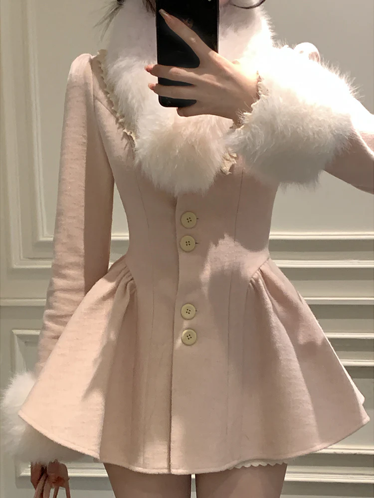 Creamy Cute Swan Love Pink Lady Fur Collar Overcoat - Image 5