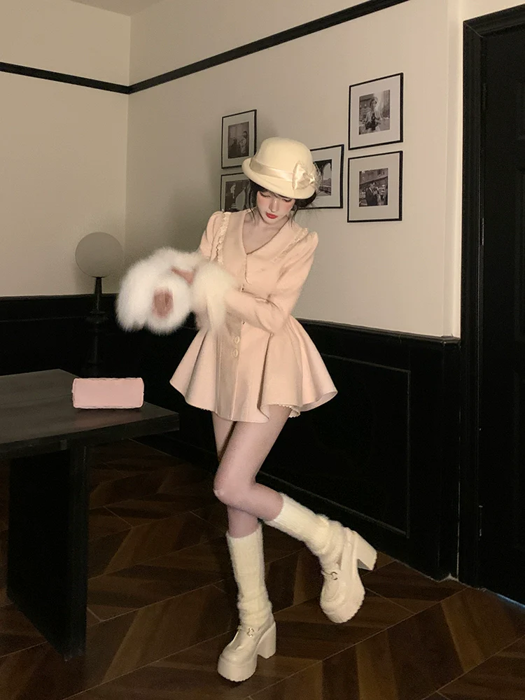 Creamy Cute Swan Love Pink Lady Fur Collar Overcoat - Image 6