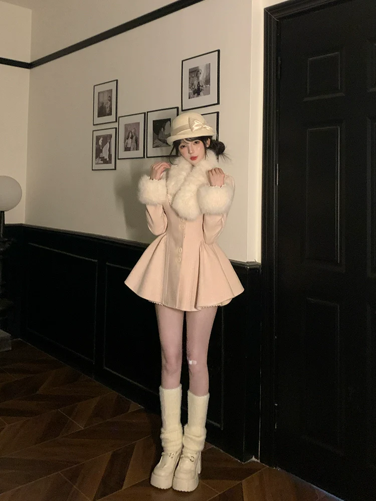Creamy Cute Swan Love Pink Lady Fur Collar Overcoat - Image 7