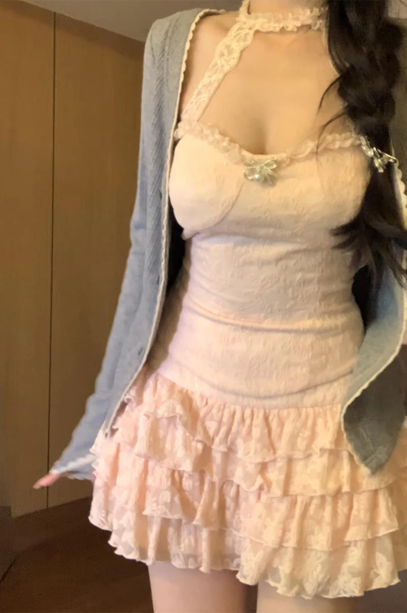 Creamy Cute Spring Drop Pink Cami & Skirt & Gray Cardigan Three Piece Set - Image 4