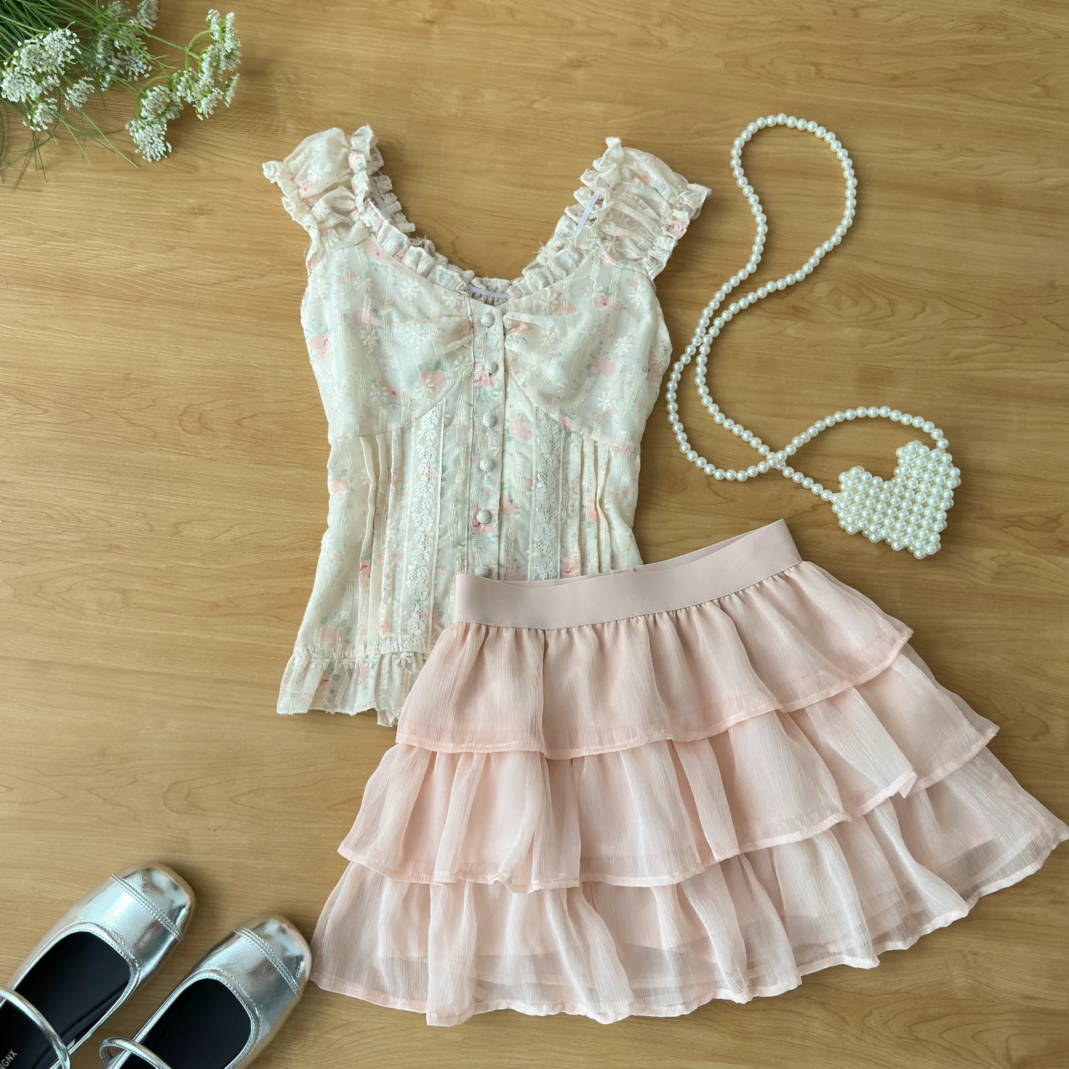 Creamy Cute Baileys Cream Top & Pink Skirt Two Piece Set - Image 6