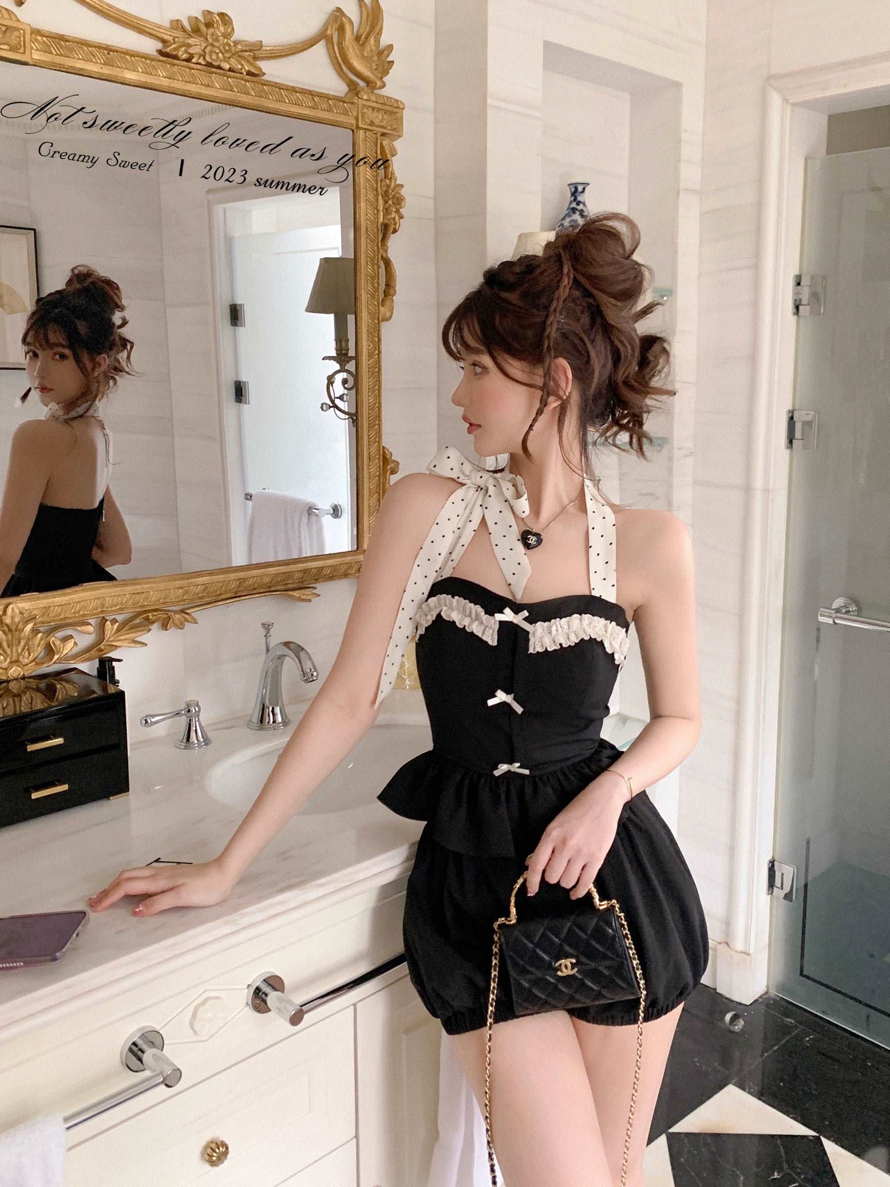 Creamy Cute Black Polka Dot Halter Neck Camisole Bubble Shorts Two Piece Set - Image 3