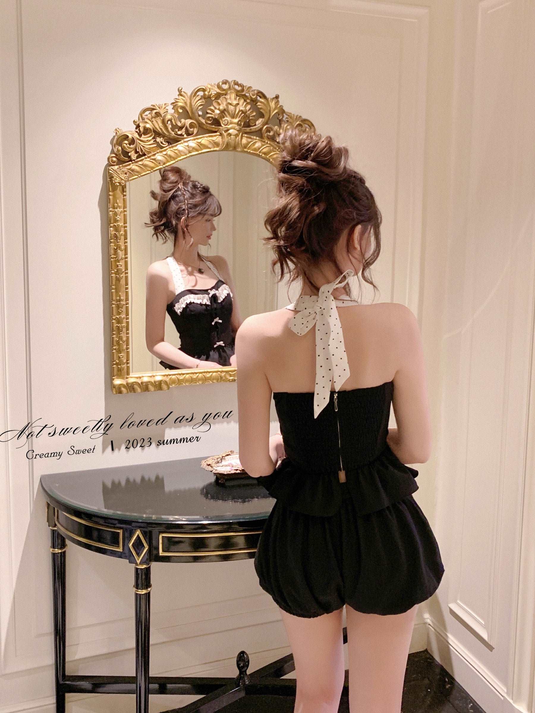 Creamy Cute Black Polka Dot Halter Neck Camisole Bubble Shorts Two Piece Set - Image 5