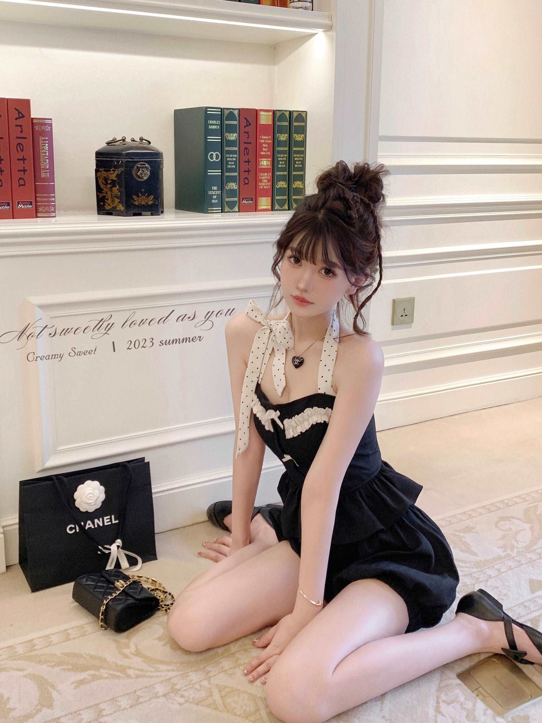 Creamy Cute Black Polka Dot Halter Neck Camisole Bubble Shorts Two Piece Set - Image 7