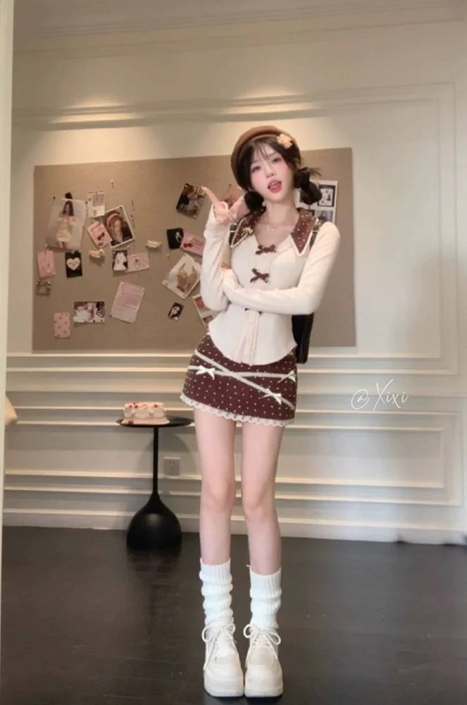 Creamy Cute Caramel Pudding Cream Brown Top & Skirt Two Piece Set - Image 3