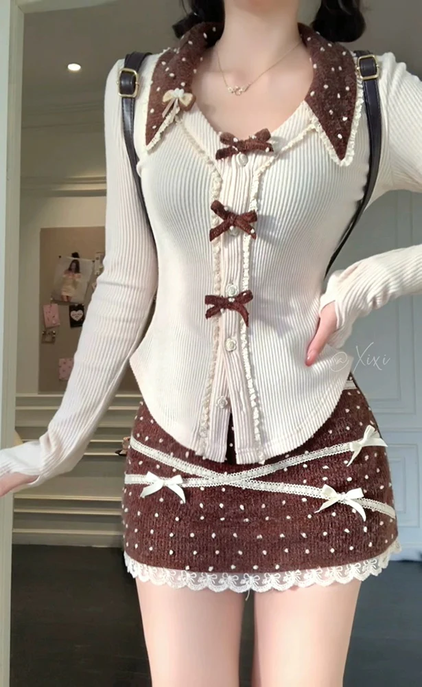 Creamy Cute Caramel Pudding Cream Brown Top & Skirt Two Piece Set - Image 4