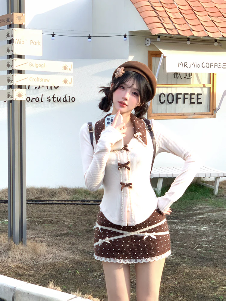 Creamy Cute Caramel Pudding Cream Brown Top & Skirt Two Piece Set - Image 5
