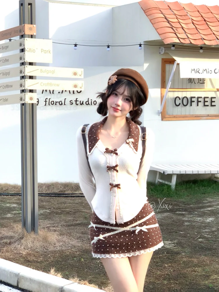 Creamy Cute Caramel Pudding Cream Brown Top & Skirt Two Piece Set - Image 6