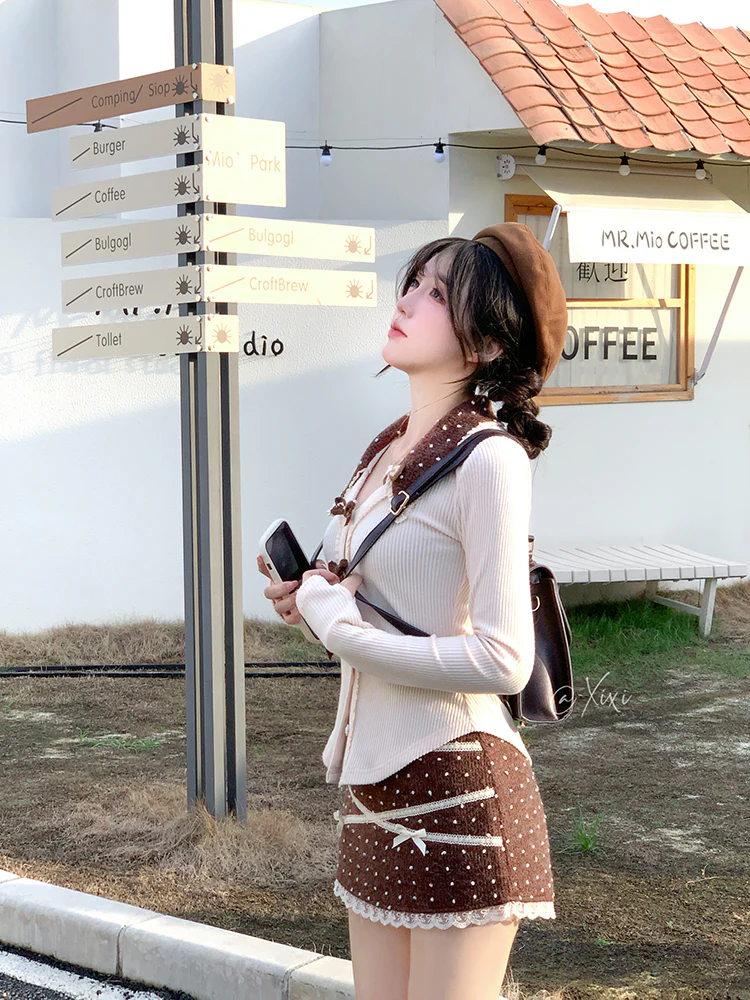 Creamy Cute Caramel Pudding Cream Brown Top & Skirt Two Piece Set - Image 7