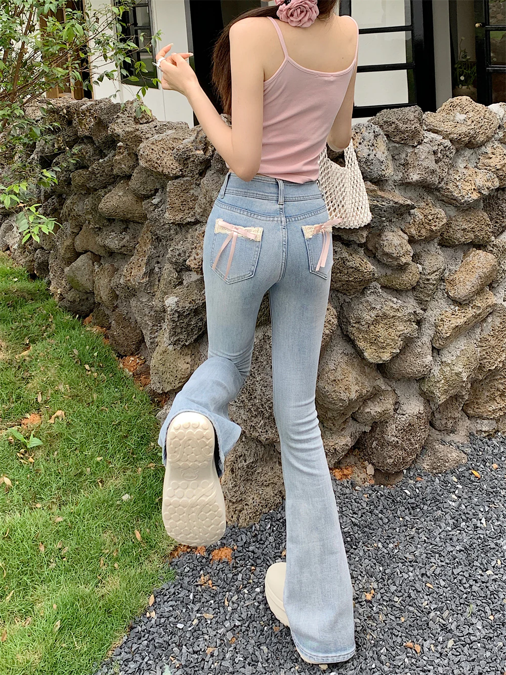 Creamy Cute Coquette Bow Denim Jeans Pants
