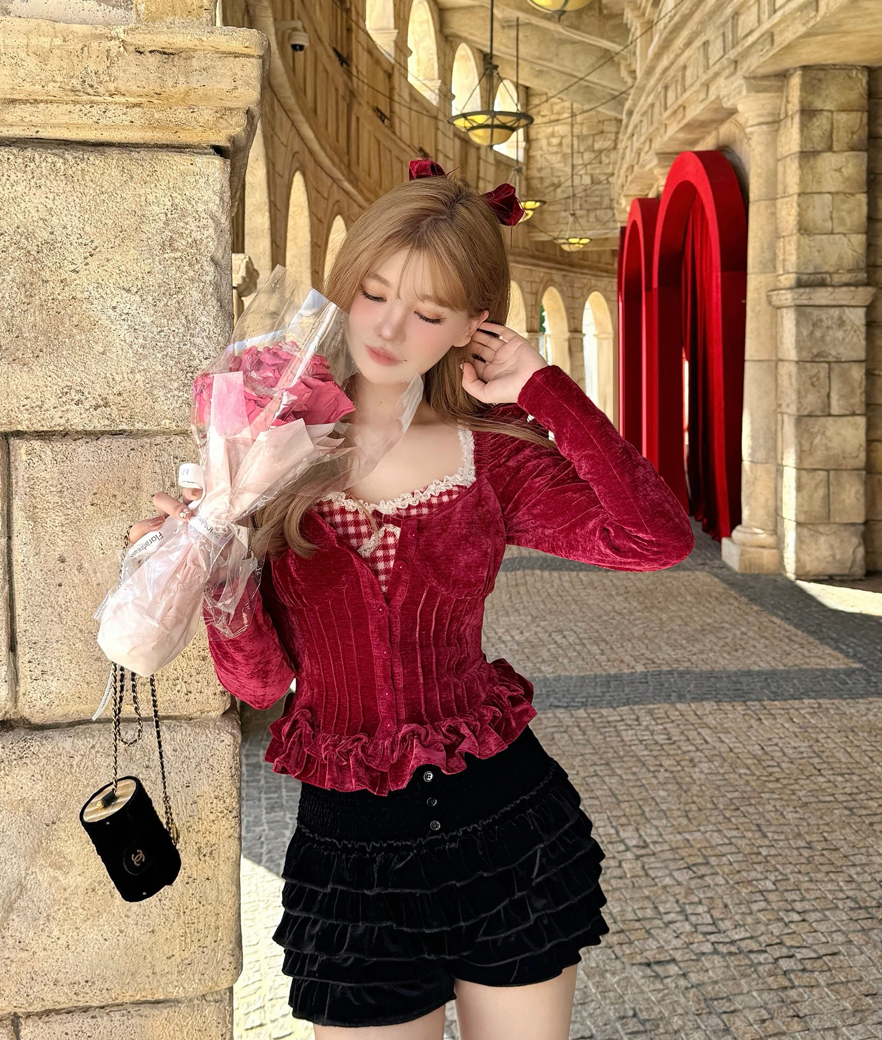 Creamy Cute Cute Plaid Camisole & Red Velvet Shirt Top Two Piece Set - Image 2