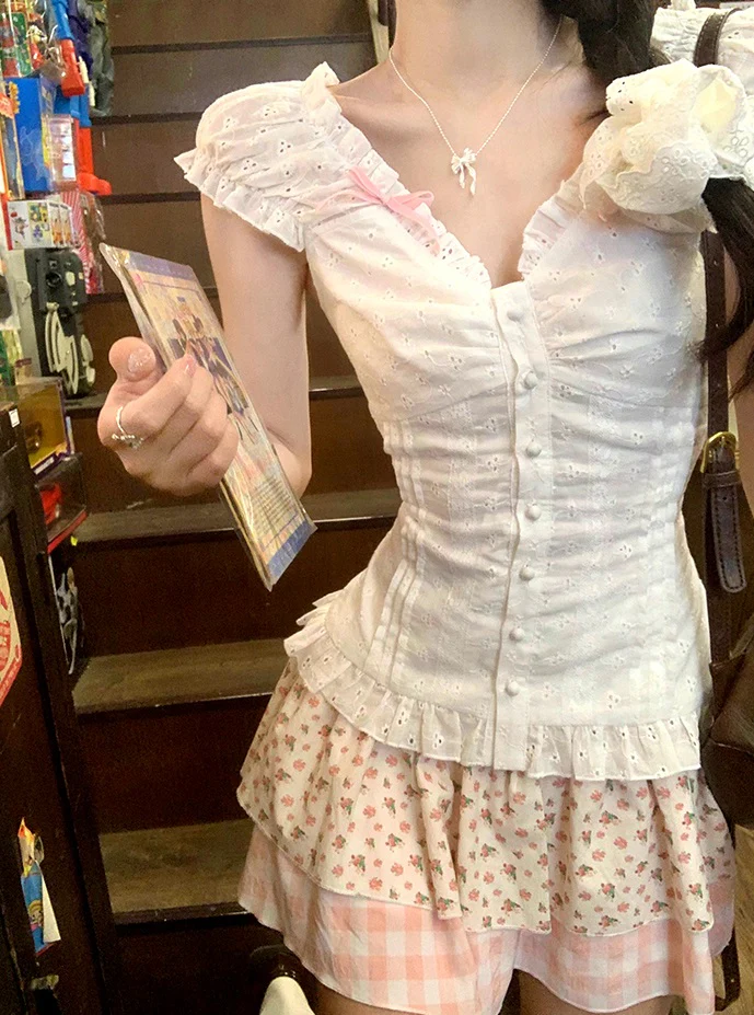 Creamy Cute Dreamcore White Top & Pink Skirt Two Piece Set - Image 2