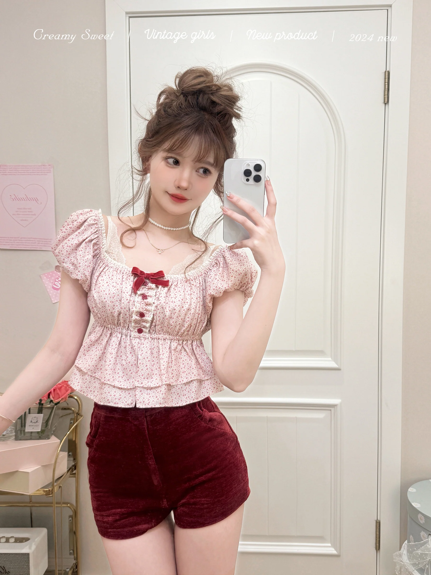 Creamy Cute Floyd Rose Red Floral Puff Sleeve Blouse - Image 2