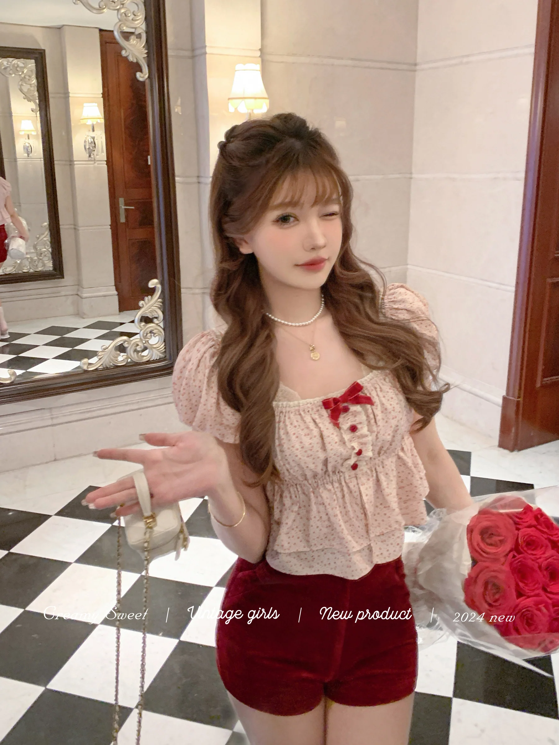 Creamy Cute Floyd Rose Red Floral Puff Sleeve Blouse - Image 3