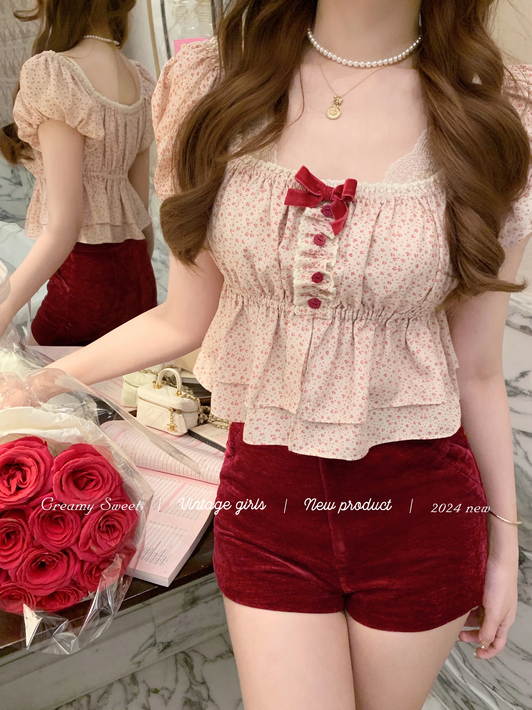 Creamy Cute Floyd Rose Red Floral Puff Sleeve Blouse - Image 6