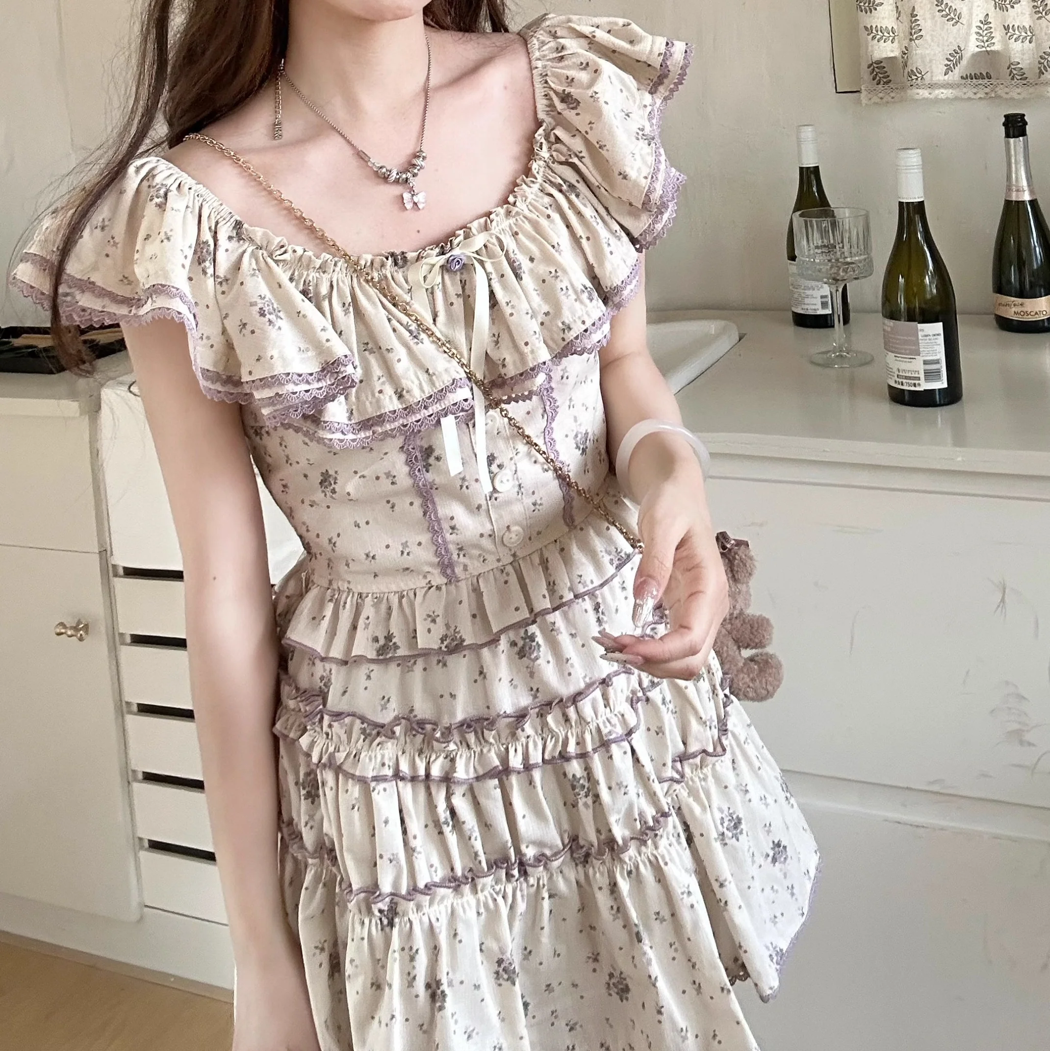 Creamy Cute Purple Manta Floral Cream Top & Skirt Two Piece Set - Image 4