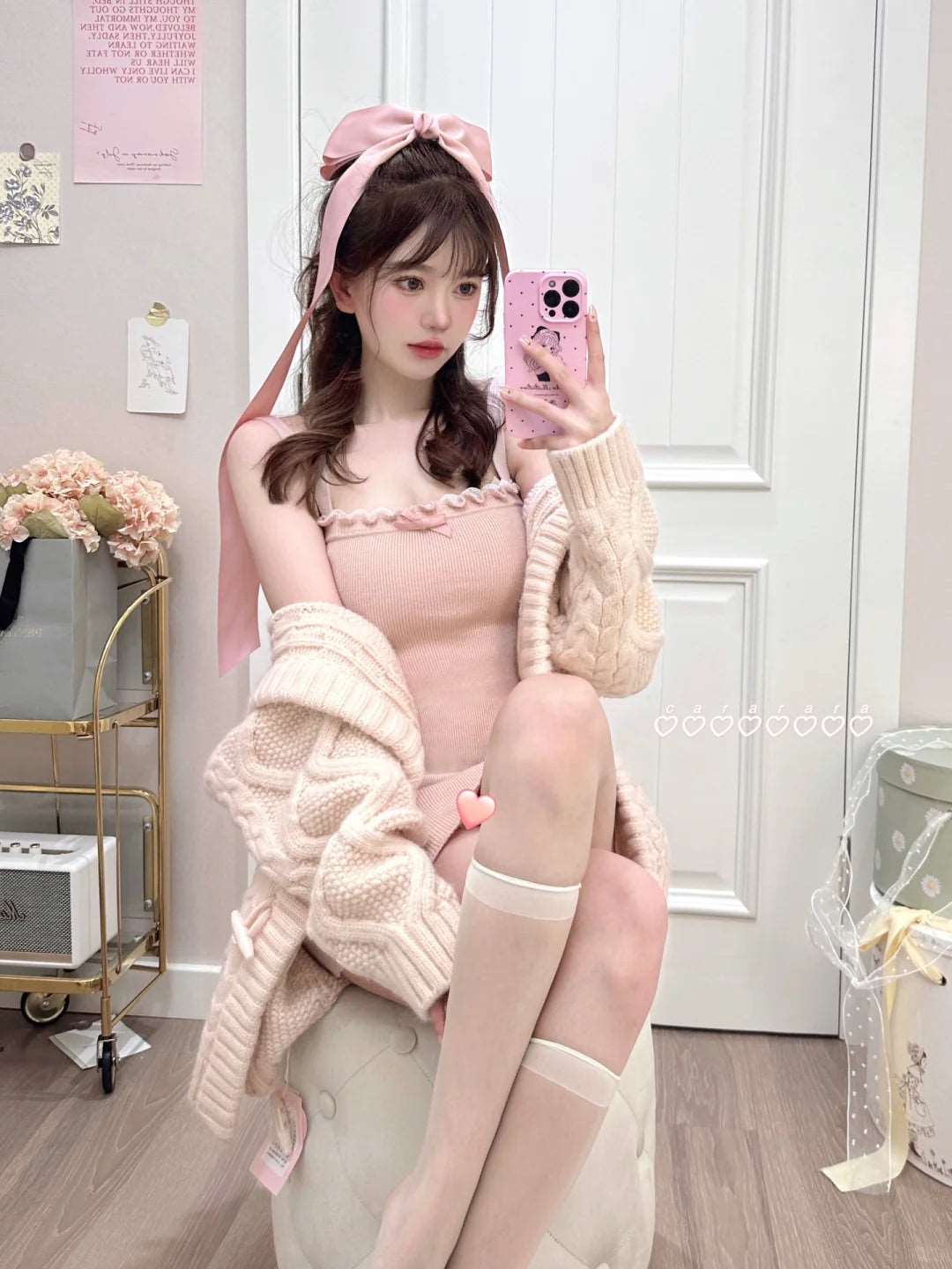 Creamy Cute Soft Girl Pink Knit Long Cardigan & Strap Dress Two Piece Set