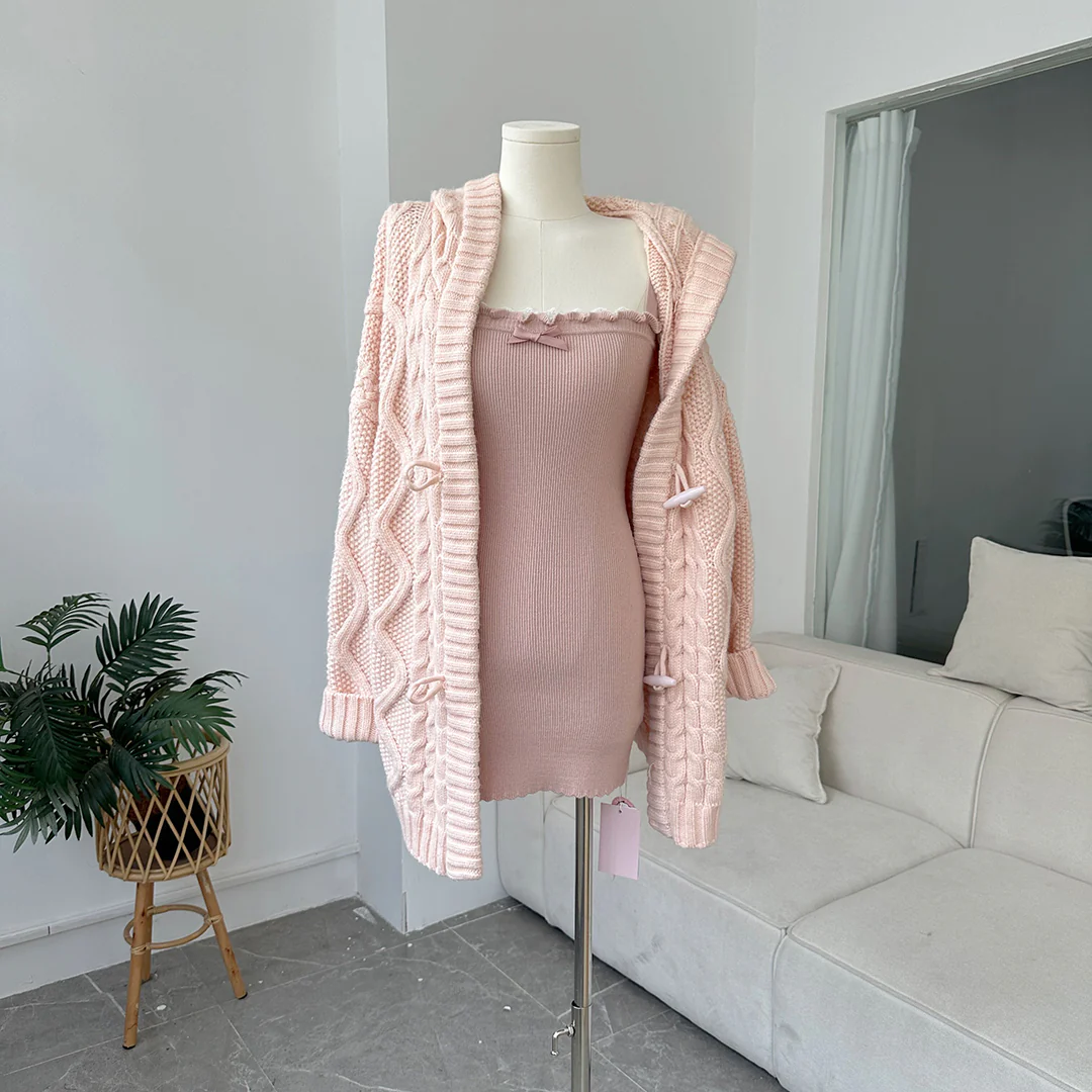 Creamy Cute Soft Girl Pink Knit Long Cardigan & Strap Dress Two Piece Set - Image 10