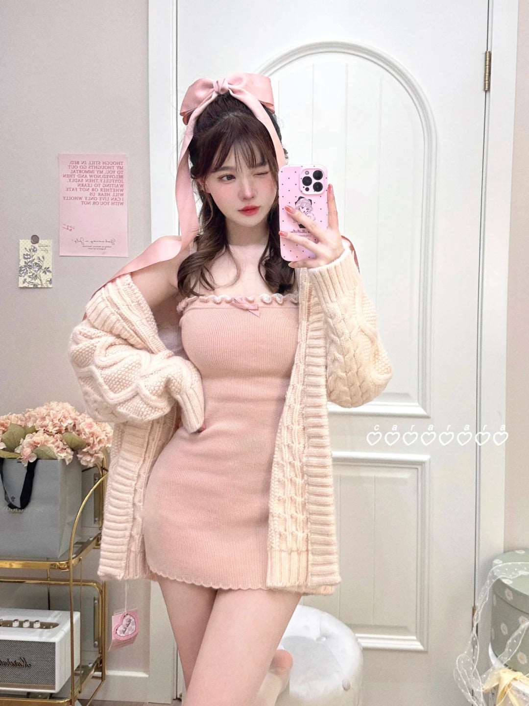 Creamy Cute Soft Girl Pink Knit Long Cardigan & Strap Dress Two Piece Set - Image 2