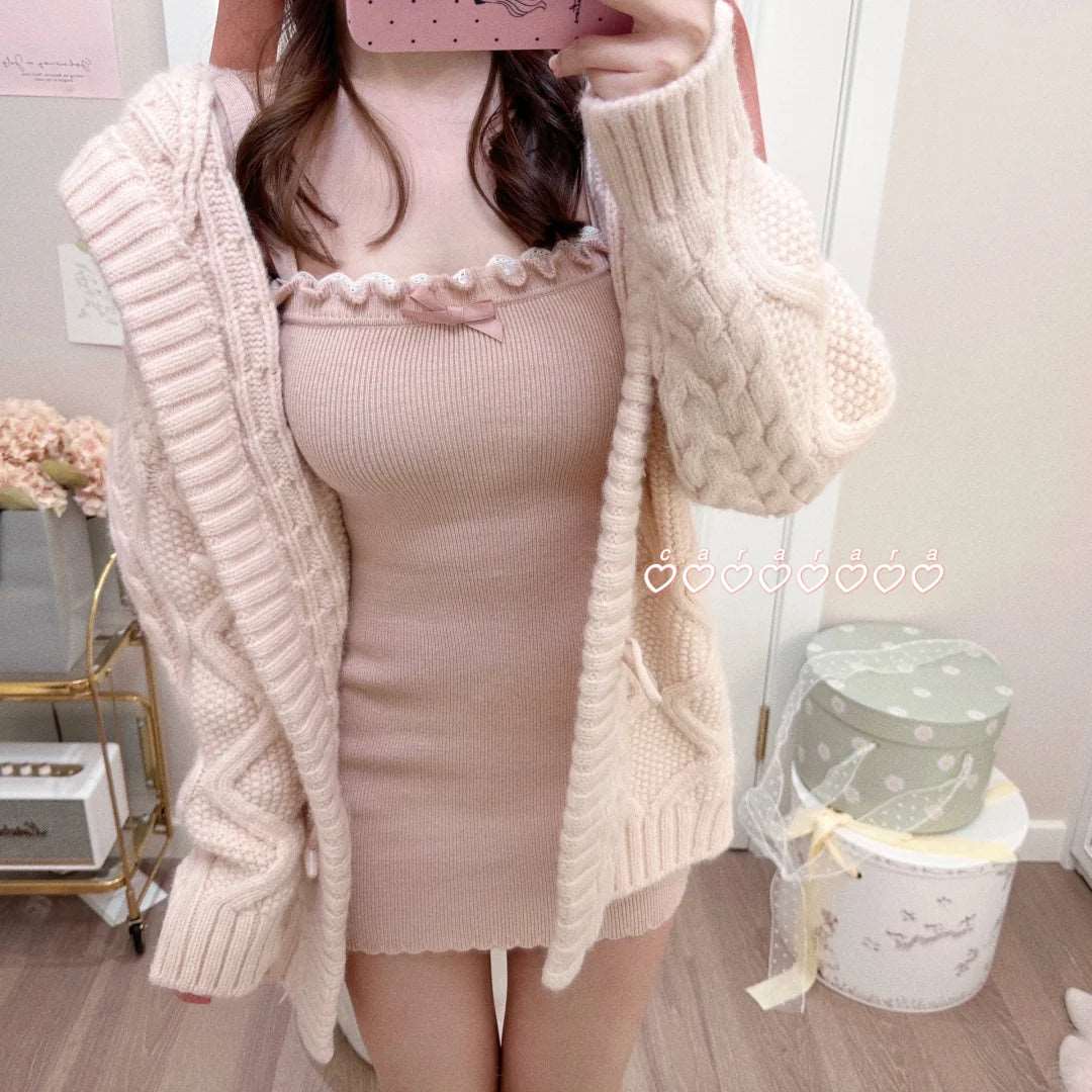 Creamy Cute Soft Girl Pink Knit Long Cardigan & Strap Dress Two Piece Set - Image 5