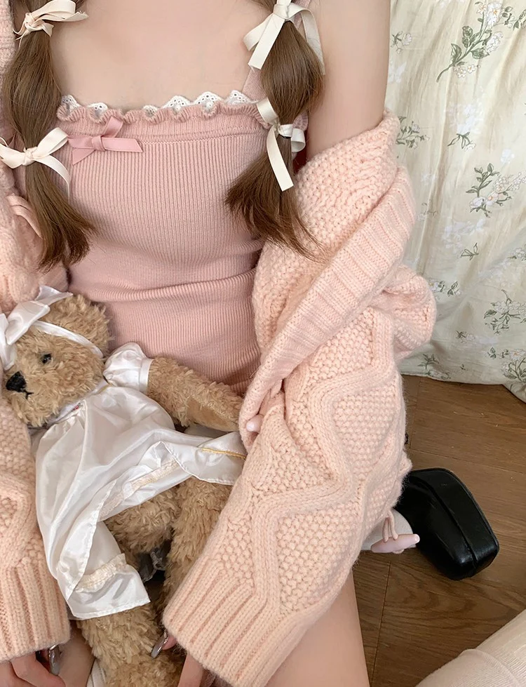 Creamy Cute Soft Girl Pink Knit Long Cardigan & Strap Dress Two Piece Set - Image 6